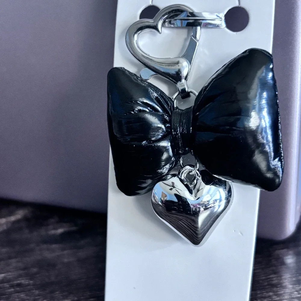 Mint Black Puffed Bow Bag Charm Silver Heart Dangle Keychain Accessory